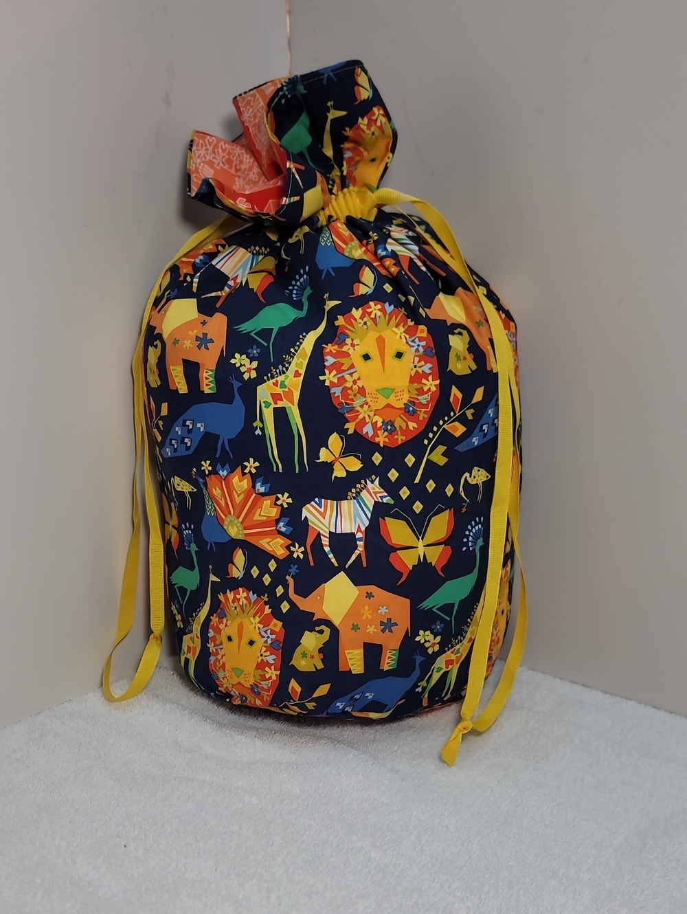 Drawstring Knitting Bag - Navy with Yellow Animal Print - NWT
